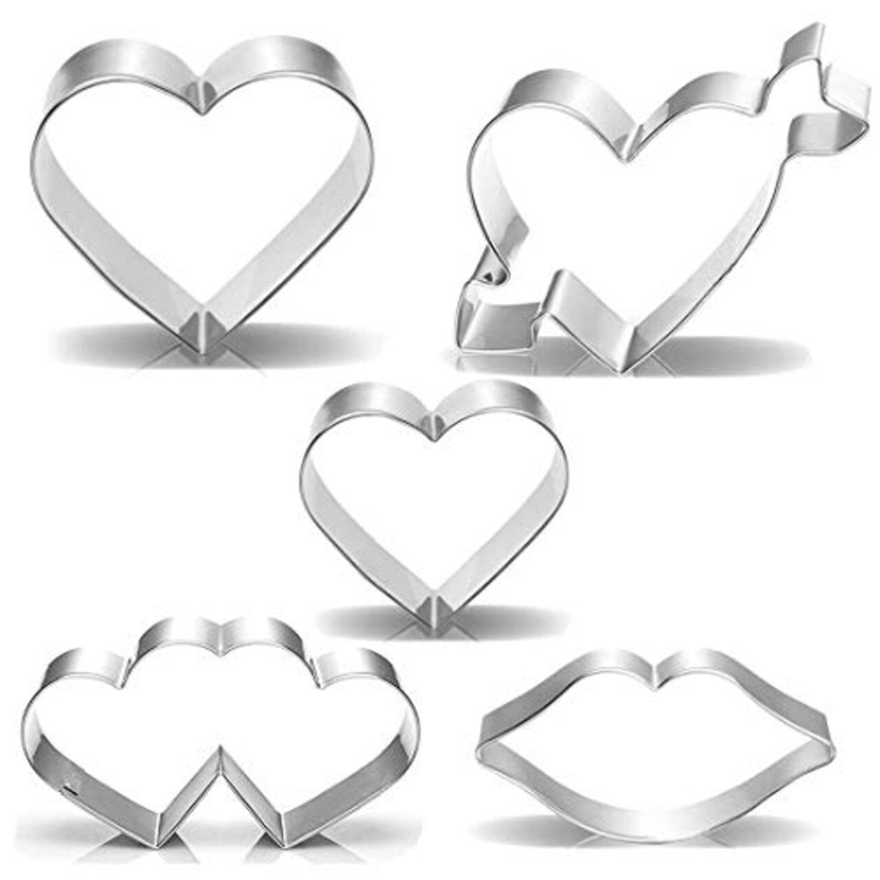 5 Pieces Valentine's Day Heart Cookie Cutter Set - Valentine Cookie Cutters - Heart, Lips, Heart with Arrow, Double Heart